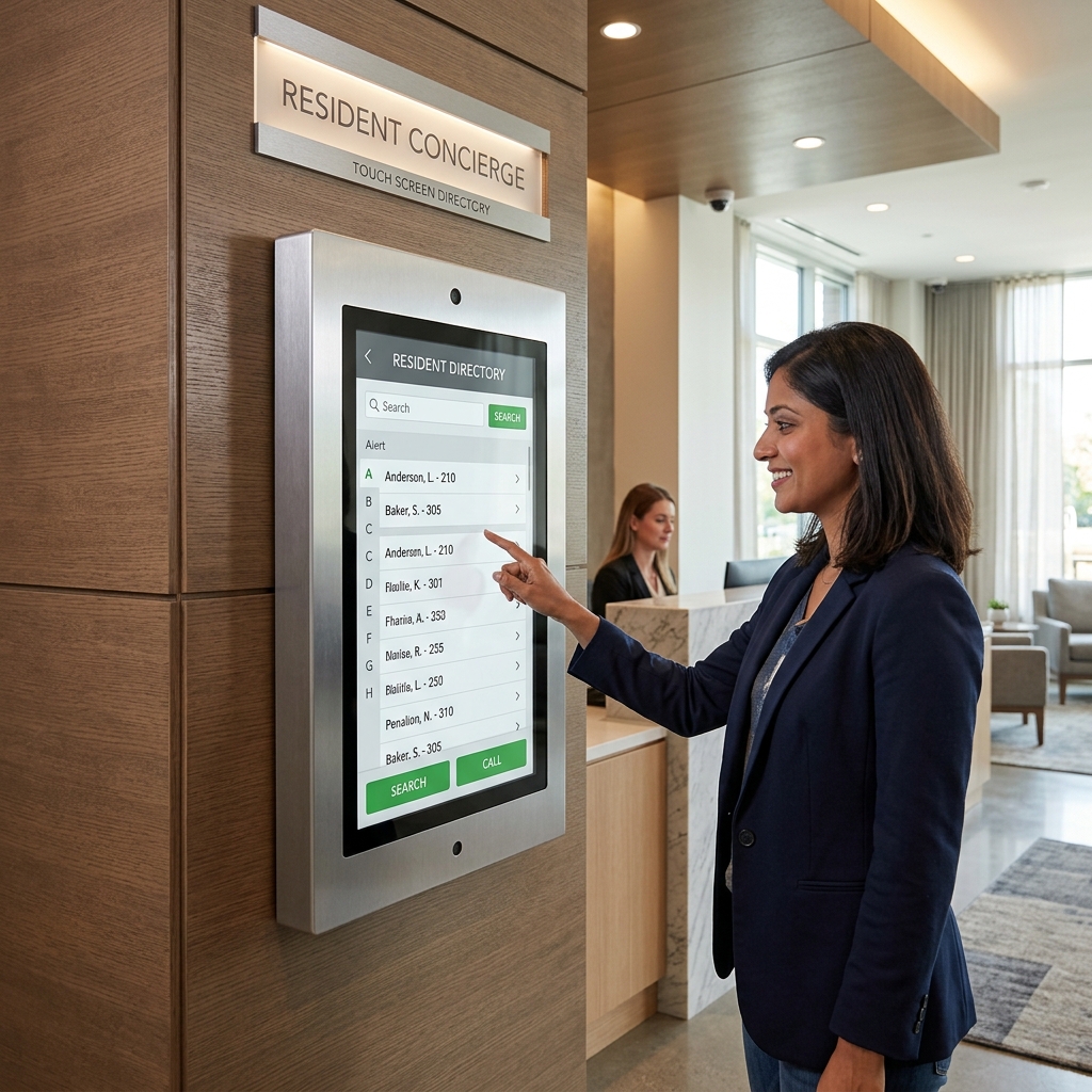 Resident concierge touch-screen directory in a building lobby